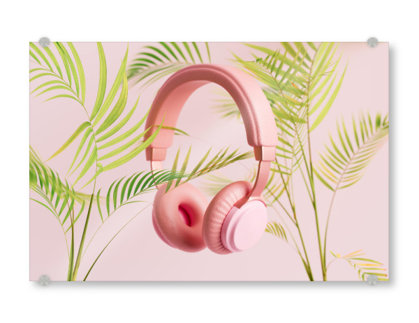 Acrylglasbild "Pink headphones with plants" artboxONE - Natur,Floral,Musik