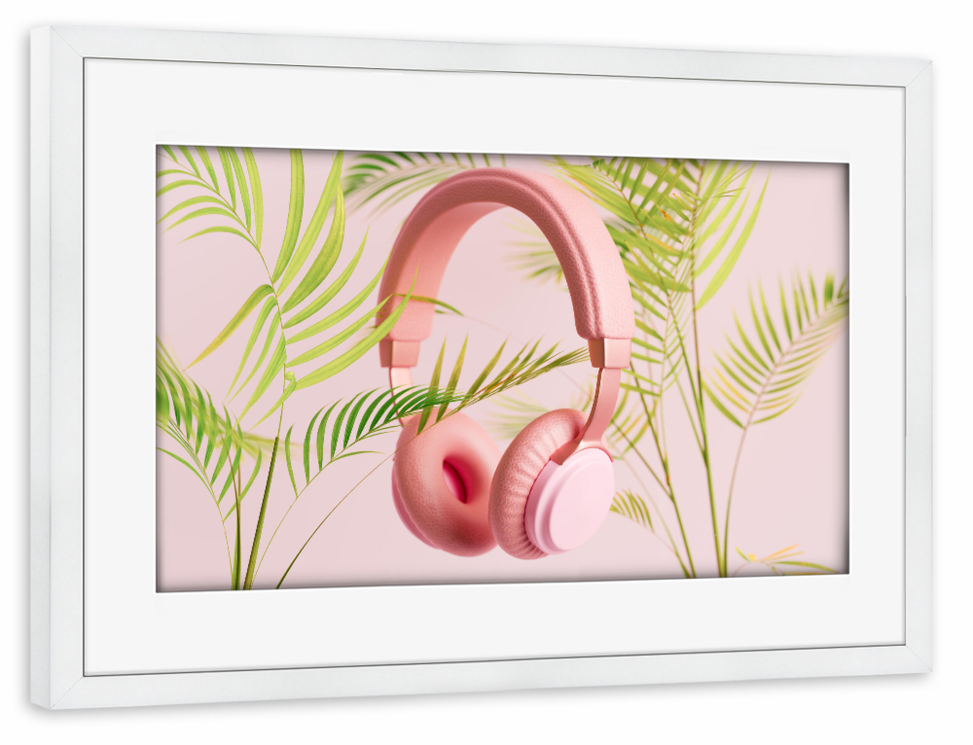Poster mit Rahmen weiß "Pink headphones with plants" artboxONE - Natur,Floral,Musik