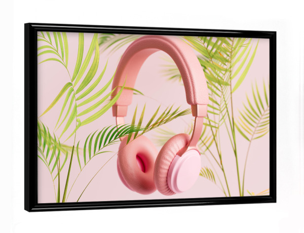 Poster mit schwarzem Rahmen "Pink headphones with plants" artboxONE - Natur,Floral,Musik