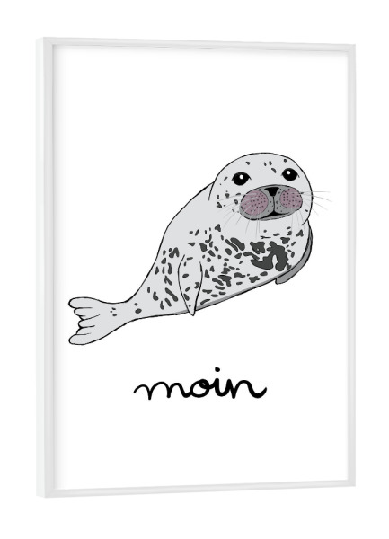 Poster mit weißem Rahmen "Moin - Robbe" artboxONE - Typografie,Tiere,Unterwasser,Lustig