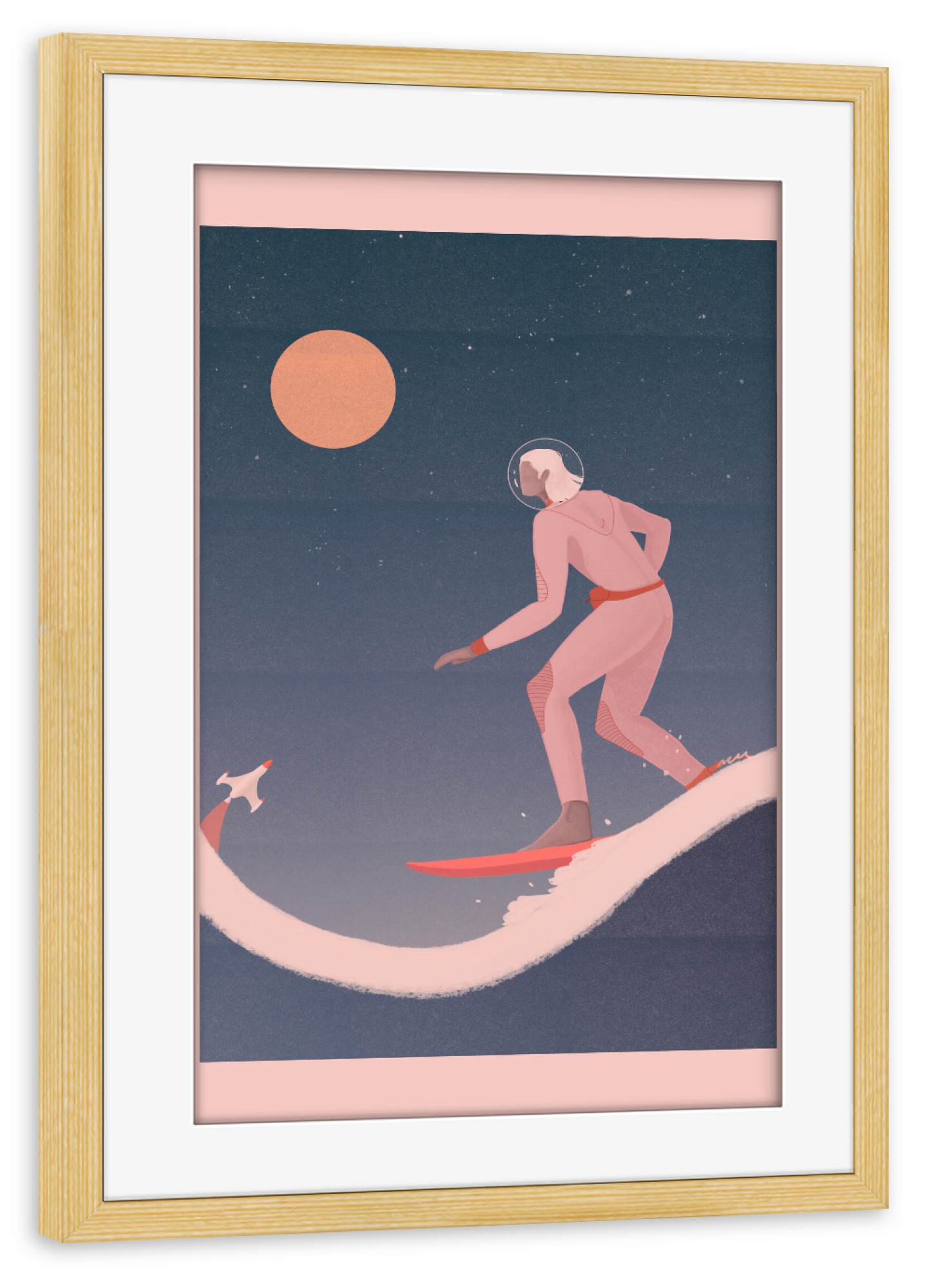 Poster mit Rahmen kiefer "Grenzebach - Surfing on planets" artboxONE - Comic,Menschen,Sport,Fiktion,Galaxy