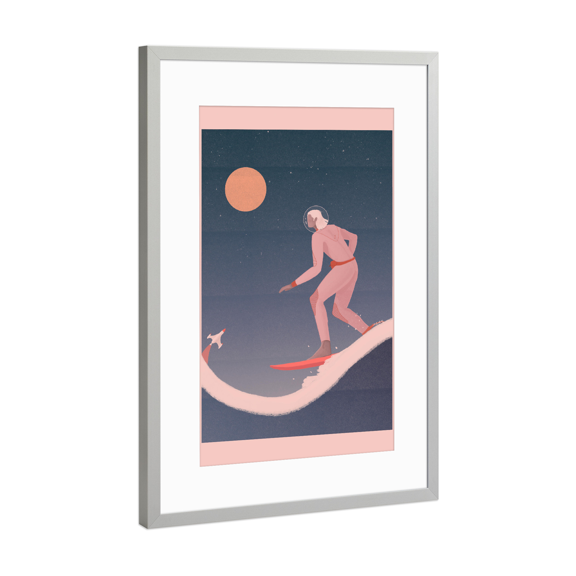 Poster mit Rahmen Silber "Grenzebach - Surfing on planets" artboxONE - Comic,Menschen,Sport,Fiktion,Galaxy