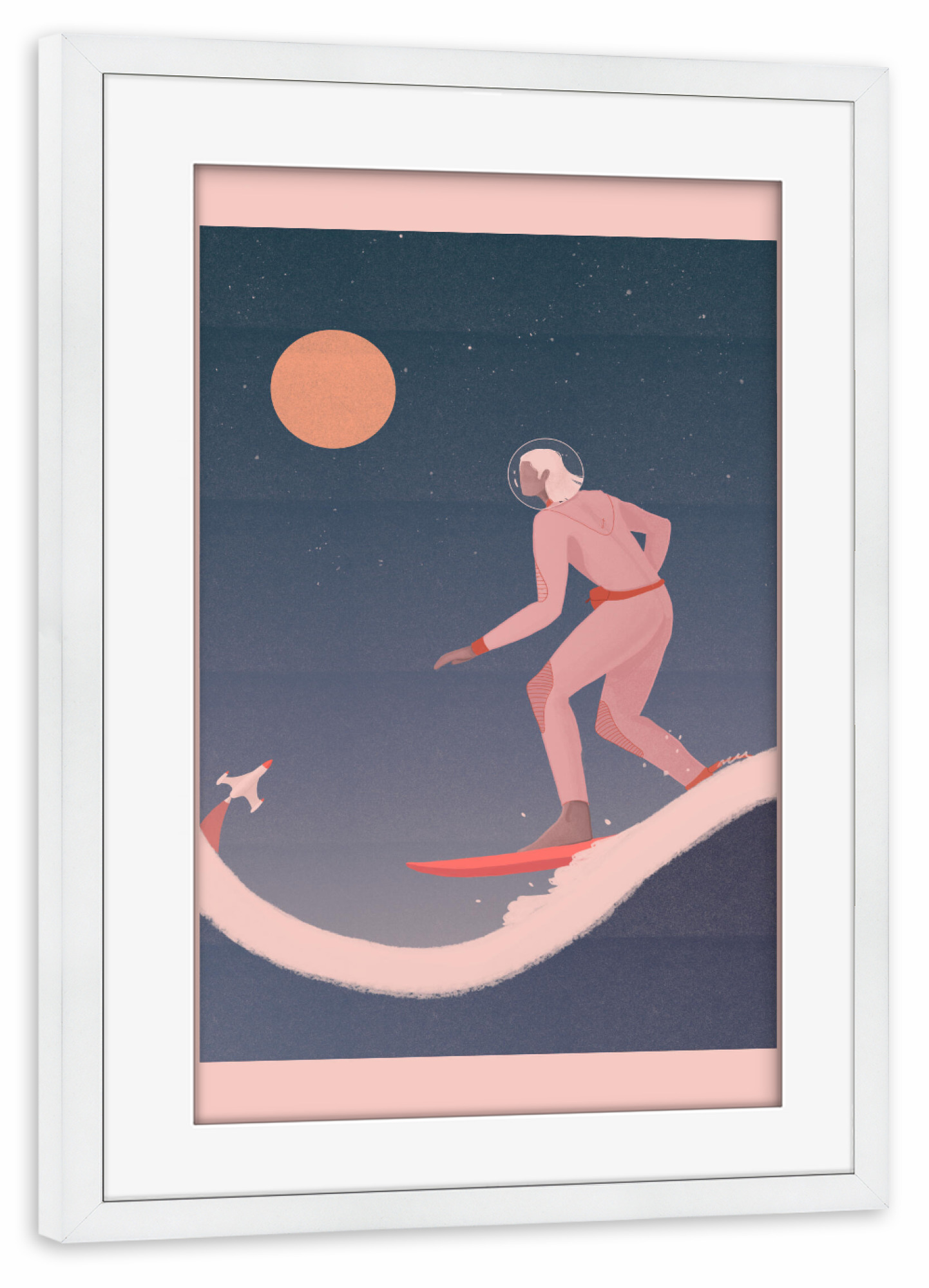 Poster mit Rahmen weiß "Grenzebach - Surfing on planets" artboxONE - Comic,Menschen,Sport,Fiktion,Galaxy