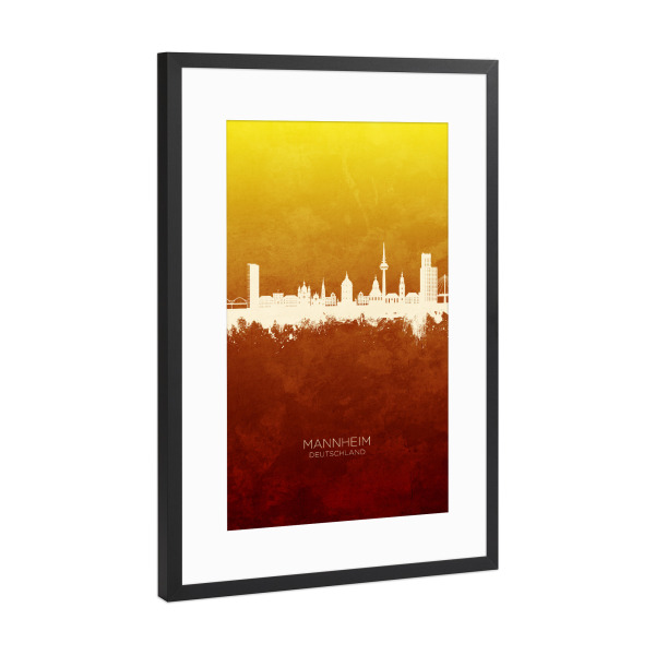 Poster mit Rahmen Schwarz (Metallic) "Mannheim Skyline RedYellow" artboxONE - Städte