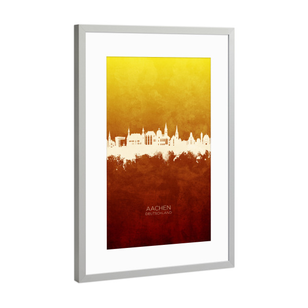 Poster mit Rahmen Silber "Aachen Germany Skyline RedYellow" artboxONE - Städte