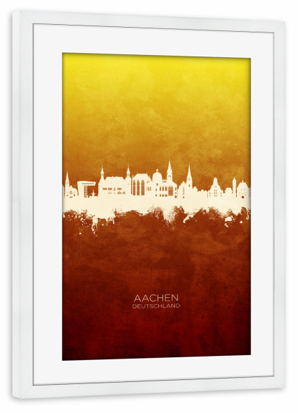 Poster mit Rahmen weiß "Aachen Germany Skyline RedYellow" artboxONE - Städte