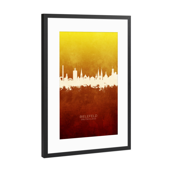 Poster mit Rahmen Schwarz (Metallic) "Bielefeld Skyline RedYellow" artboxONE - Städte