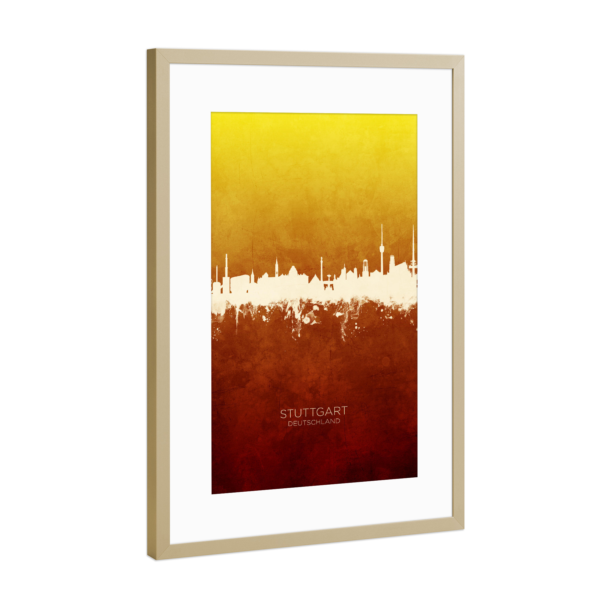 Poster mit Rahmen Gold "Stuttgart Skyline RedYellow" artboxONE - Städte,Städte / Stuttgart