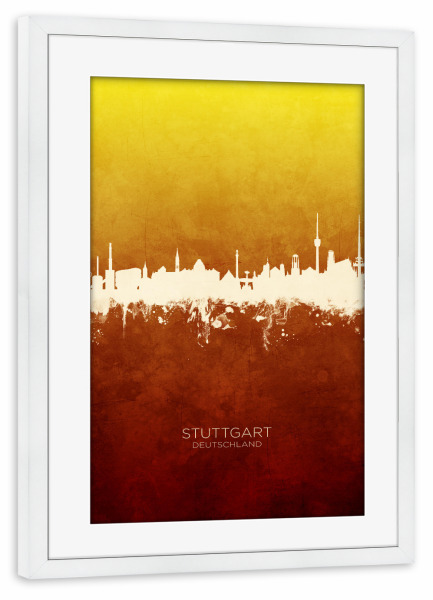 Poster mit Rahmen weiß "Stuttgart Skyline RedYellow" artboxONE - Städte,Städte / Stuttgart