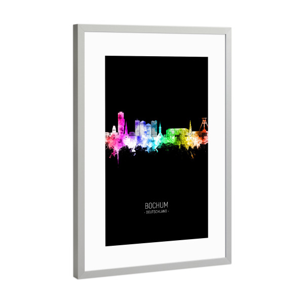 Poster mit Rahmen Silber "Bochum Skyline Colour Black" artboxONE - Städte