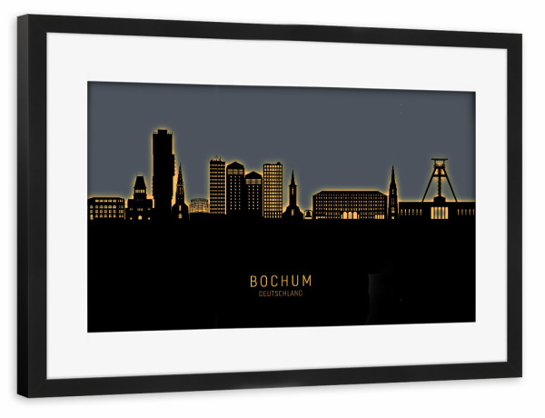 Poster mit Rahmen schwarz "Bochum Skyline Glow Orange" artboxONE - Städte