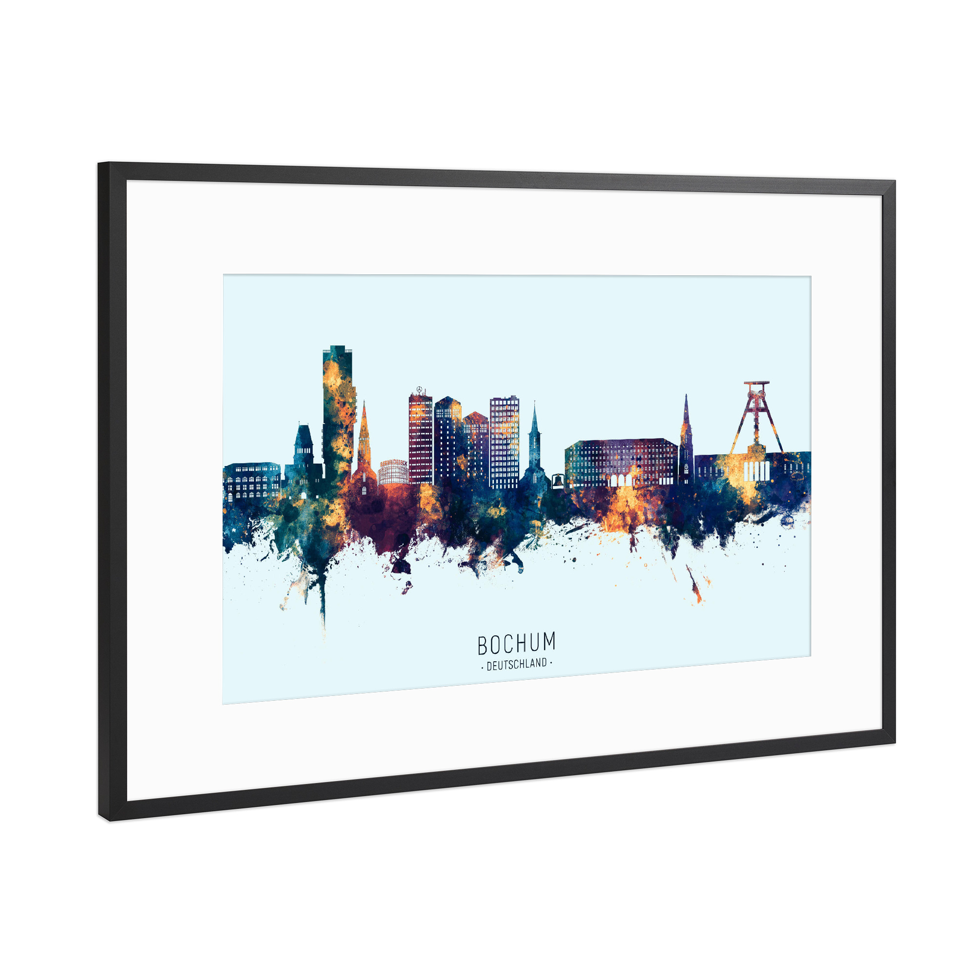 Poster mit Rahmen Schwarz (Metallic) "Bochum Germany Skyline BlueOrange" artboxONE - Städte