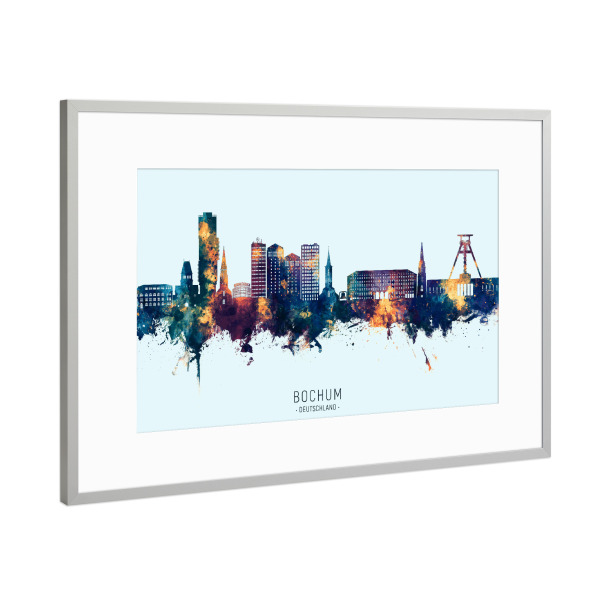 Poster mit Rahmen Silber "Bochum Germany Skyline BlueOrange" artboxONE - Städte