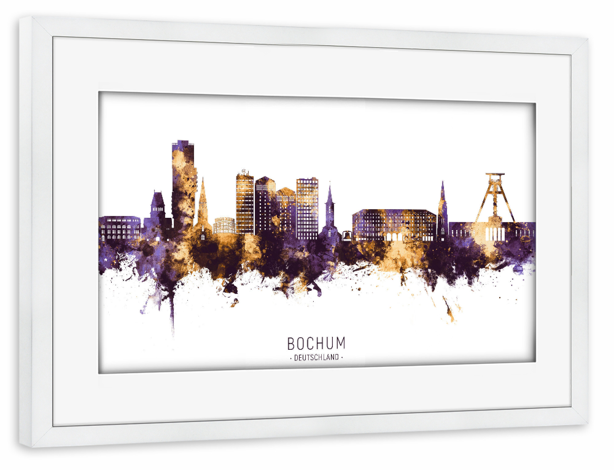 Poster mit Rahmen weiß "Bochum Germany Skyline PurpleGold" artboxONE - Städte