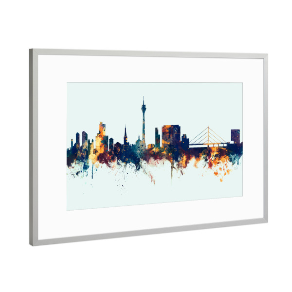 Poster mit Rahmen Silber "Düsseldorf Germany Skyline Winter" artboxONE - Städte