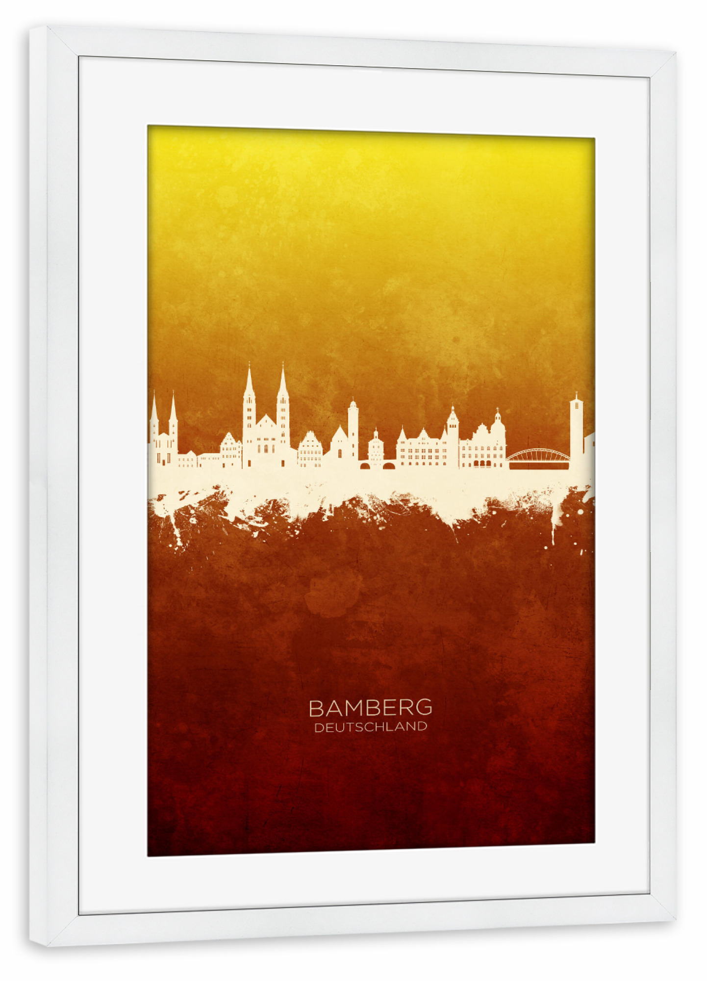 Poster mit Rahmen weiß "Bamberg Germany Skyline RedYellow" artboxONE - Städte