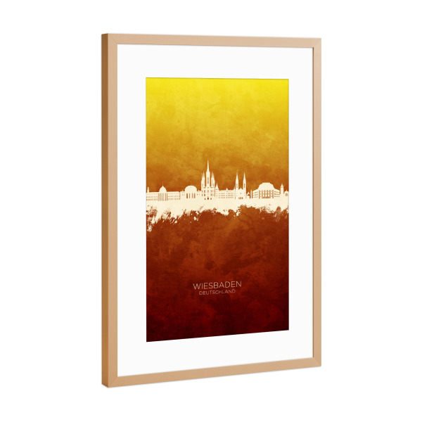 Poster mit Rahmen Kupfer "Wiesbaden Skyline RedYellow" artboxONE - Städte