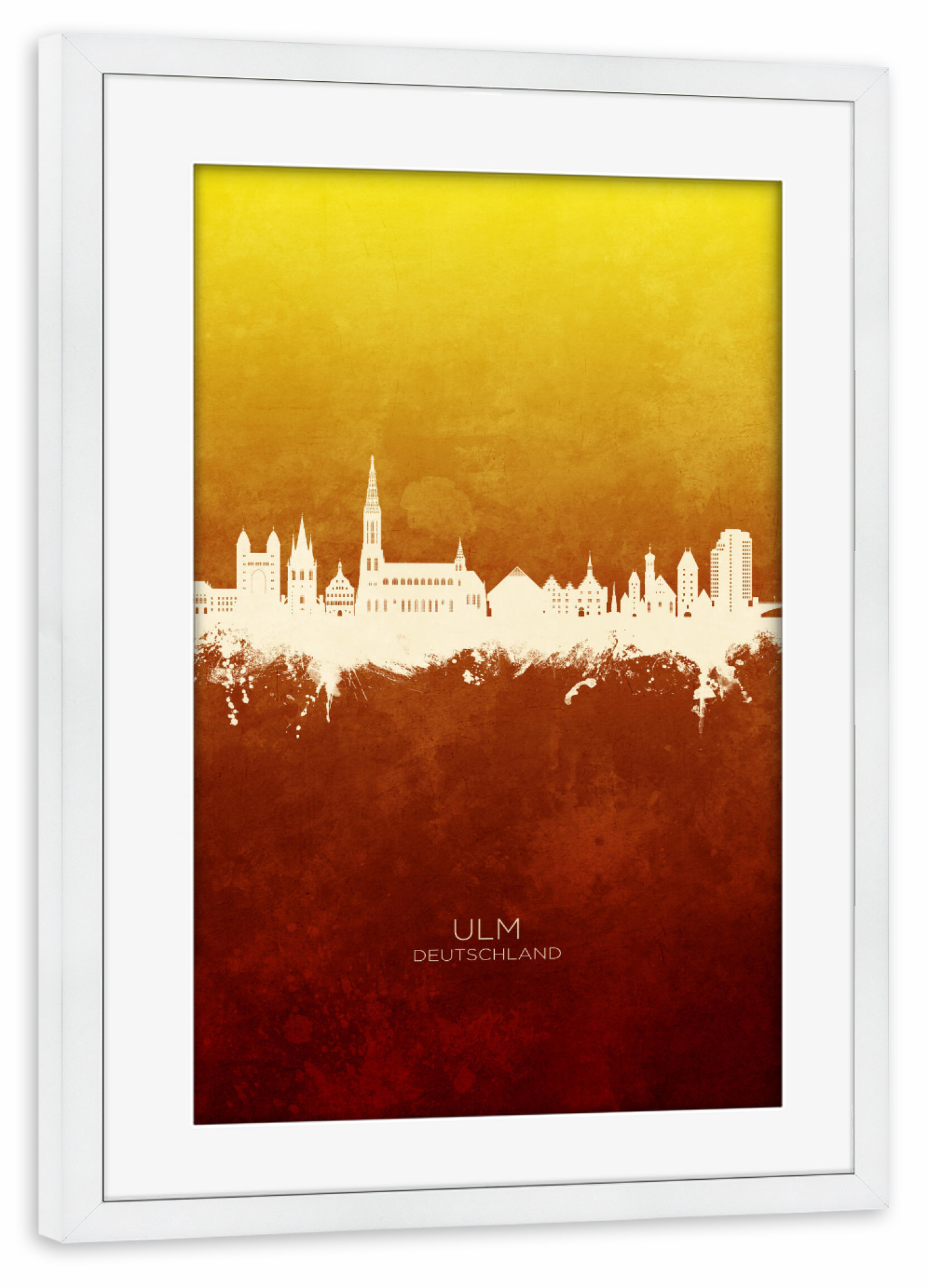 Poster mit Rahmen weiß "Ulm Germany Skyline RedYellow" artboxONE - Städte