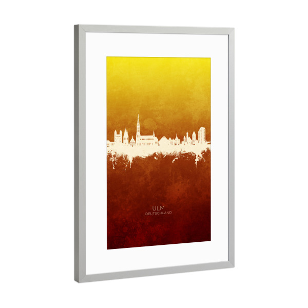 Poster mit Rahmen Silber "Ulm Germany Skyline RedYellow" artboxONE - Städte