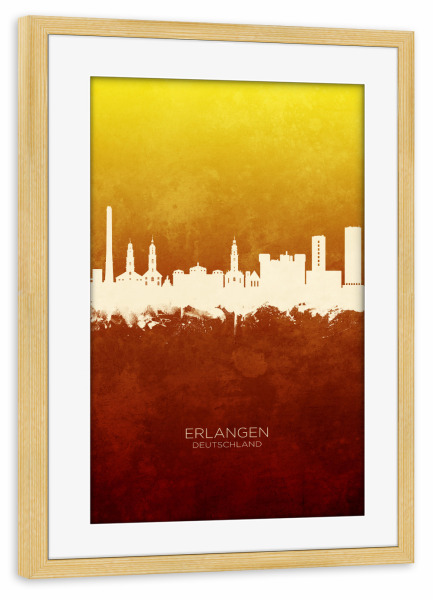 Poster mit Rahmen kiefer "Erlangen Skyline RedYellow" artboxONE - Städte