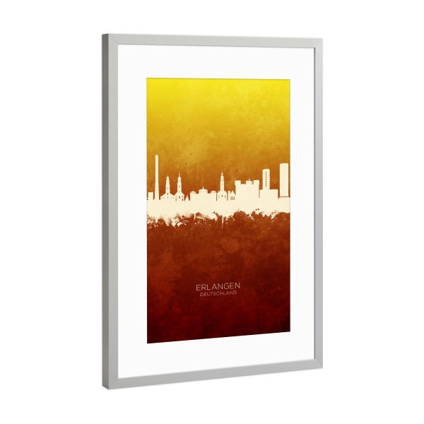 Poster mit Rahmen Silber "Erlangen Skyline RedYellow" artboxONE - Städte