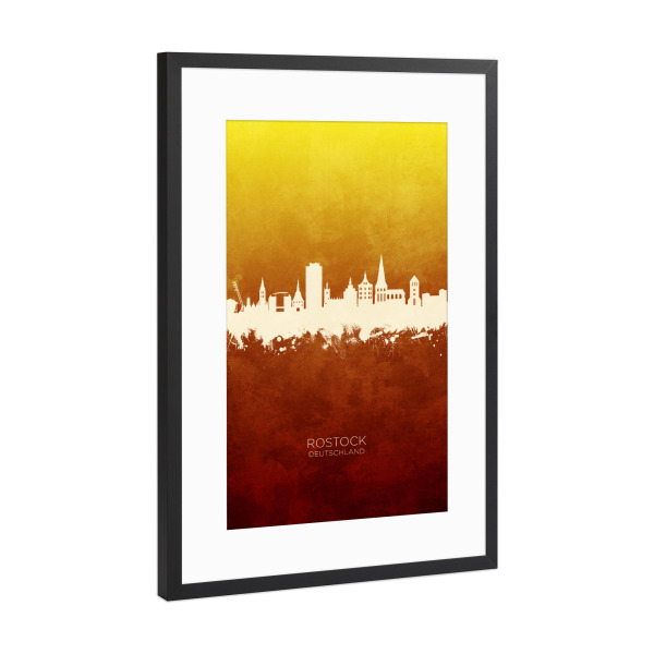 Poster mit Rahmen Schwarz (Metallic) "Rostock Germany Skyline RedYellow" artboxONE - Städte