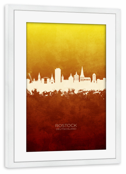 Poster mit Rahmen weiß "Rostock Germany Skyline RedYellow" artboxONE - Städte