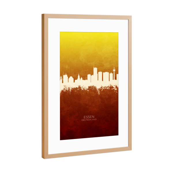 Poster mit Rahmen Kupfer "Essen Germany Skyline RedYellow" artboxONE - Städte