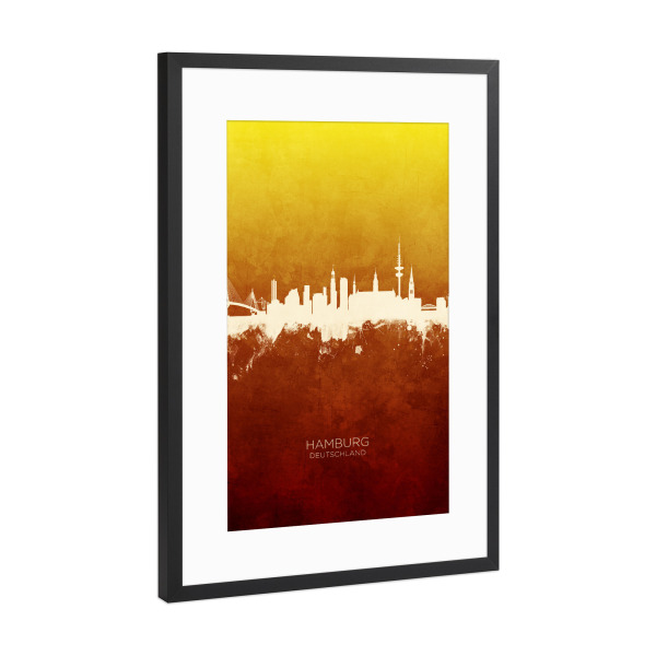 Poster mit Rahmen Schwarz (Metallic) "Hamburg Germany Skyline RedYellow" artboxONE - Städte,Städte / Hamburg