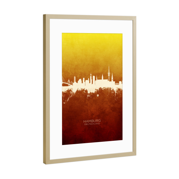 Poster mit Rahmen Gold "Hamburg Germany Skyline RedYellow" artboxONE - Städte,Städte / Hamburg