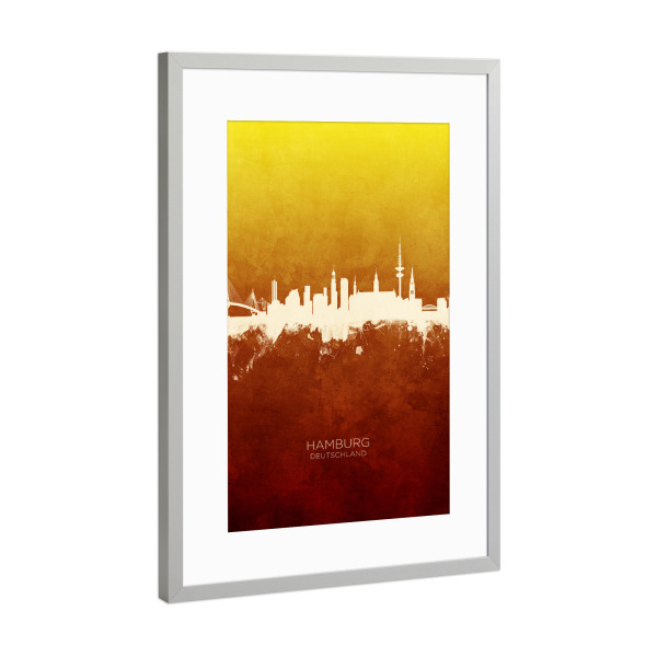 Poster mit Rahmen Silber "Hamburg Germany Skyline RedYellow" artboxONE - Städte,Städte / Hamburg