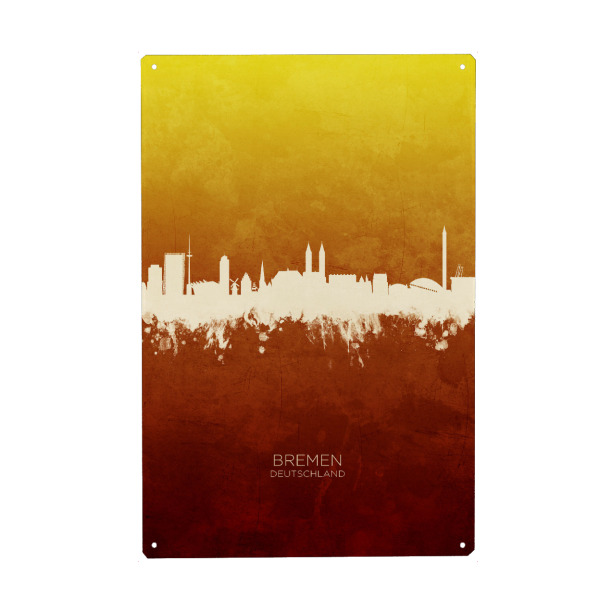 Holzbild "Bremen Germany Skyline RedYellow" artboxONE - Städte - Bremen,Deutschland,Skyline,Cityscape,Stadtbild,Watercolor,Painting,City,Stadt,Germany