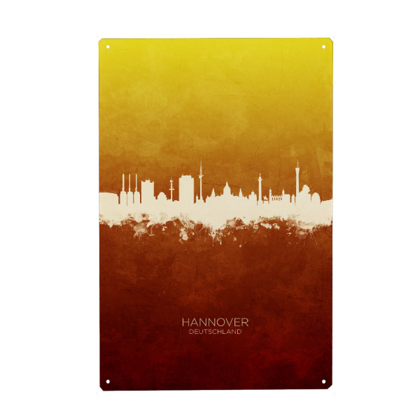 Holzbild "Hannover Skyline RedYellow" artboxONE - Städte - Hannover,Deutschland,Skyline,Cityscape,Stadtbild,Watercolor,Painting,City,Stadt,Germany