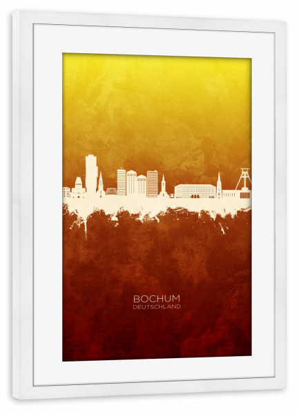 Poster mit Rahmen weiß "Bochum Germany Skyline RedYellow" artboxONE - Städte