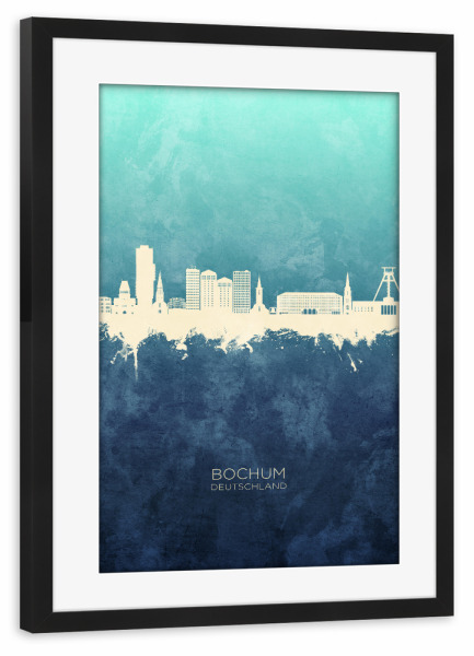 Poster mit Rahmen schwarz "Bochum Germany Skyline NavyCyan" artboxONE - Städte