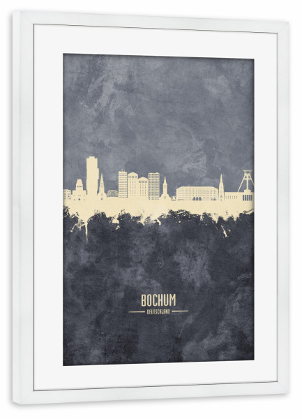 Poster mit Rahmen weiß "Bochum Germany Skyline Grey" artboxONE - Städte