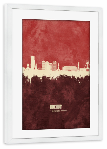Poster mit Rahmen weiß "Bochum Germany Skyline Dark Red" artboxONE - Städte