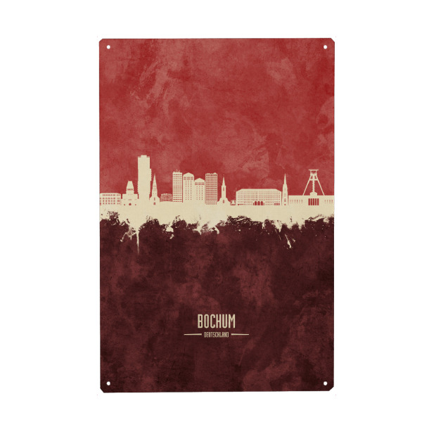 Holzbild "Bochum Germany Skyline Dark Red" artboxONE - Städte - Bochum,Deutschland,Skyline,Cityscape,Stadtbild,Watercolor,Painting,City,Stadt,Germany