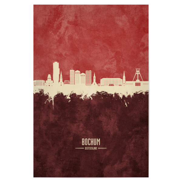 Poster "Bochum Germany Skyline Dark Red" artboxONE - Städte - Bochum,Deutschland,Skyline,Cityscape,Stadtbild,Watercolor,Painting,City,Stadt,Germany