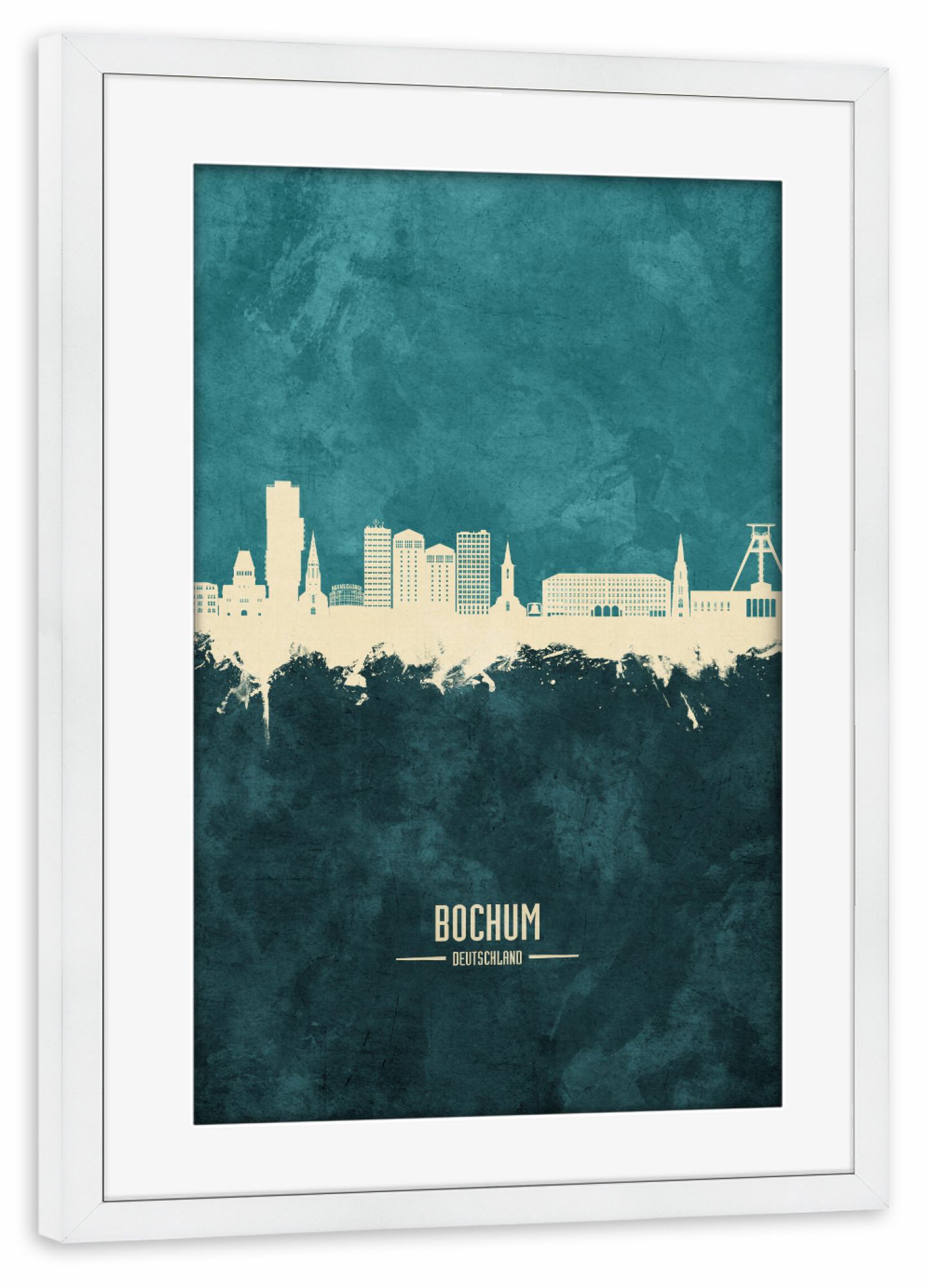 Poster mit Rahmen weiß "Bochum Germany Skyline Turquoise" artboxONE - Städte
