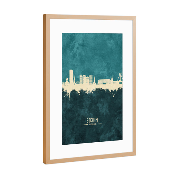 Poster mit Rahmen Kupfer "Bochum Germany Skyline Turquoise" artboxONE - Städte
