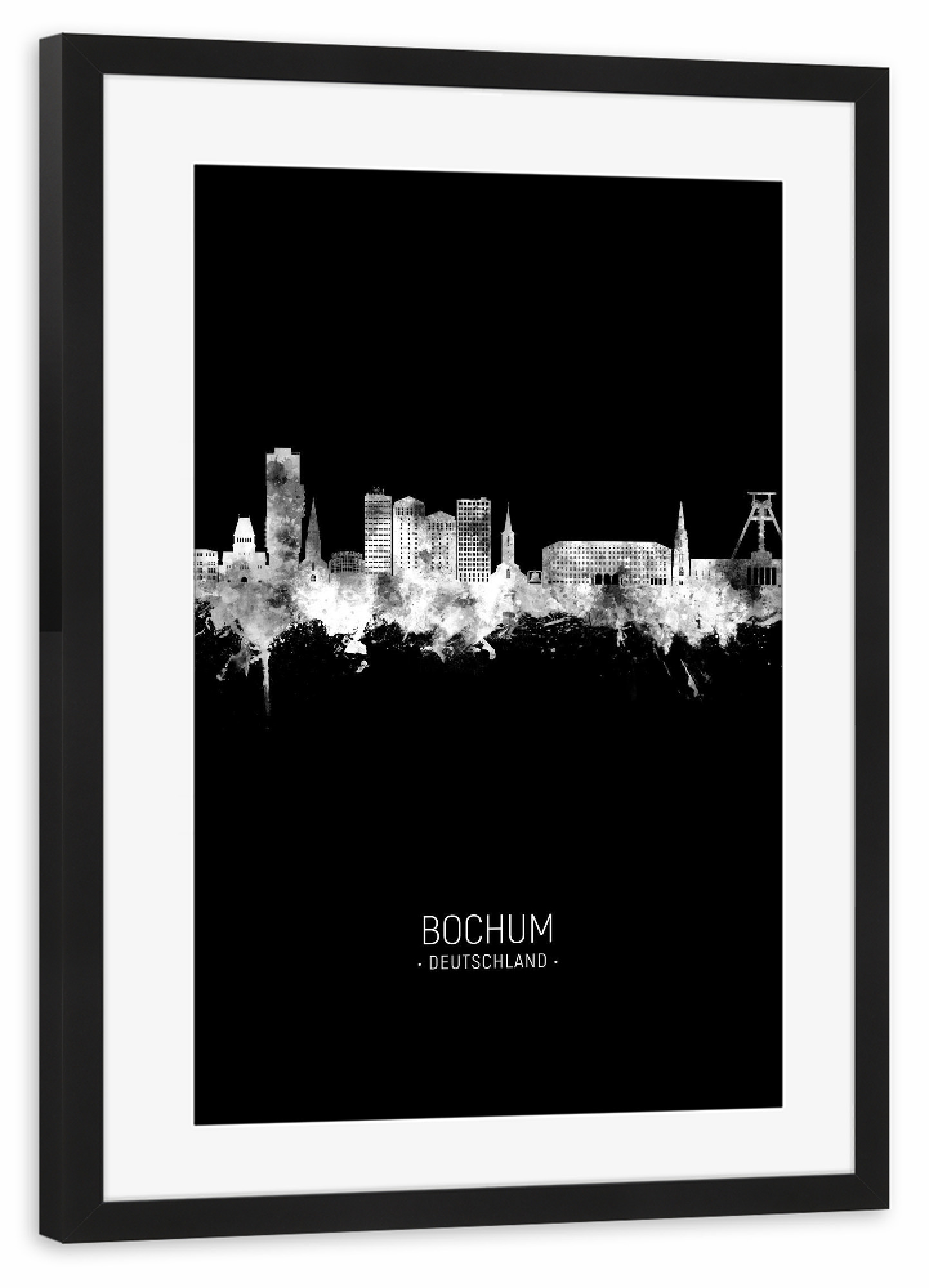 Poster mit Rahmen schwarz "Bochum Germany Skyline Invert" artboxONE - Städte,Schwarzweiß