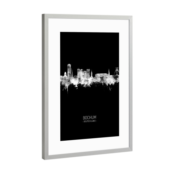 Poster mit Rahmen Silber "Bochum Germany Skyline Invert" artboxONE - Städte,Schwarzweiß