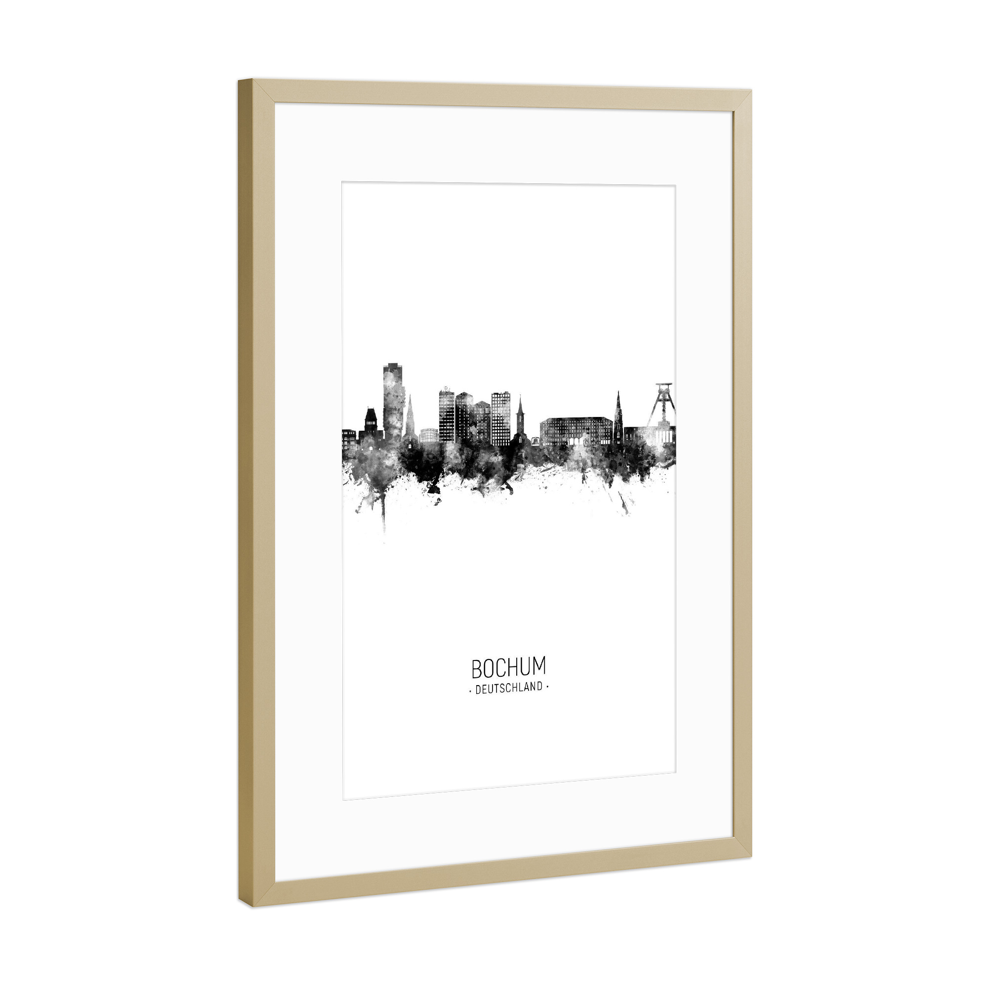 Poster mit Rahmen Gold "Bochum Germany Skyline BW" artboxONE - Städte,Schwarzweiß