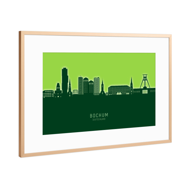 Poster mit Rahmen Kupfer "Bochum Germany Skyline Glow Green" artboxONE - Städte