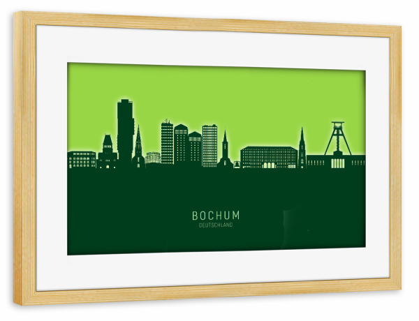 Poster mit Rahmen kiefer "Bochum Germany Skyline Glow Green" artboxONE - Städte