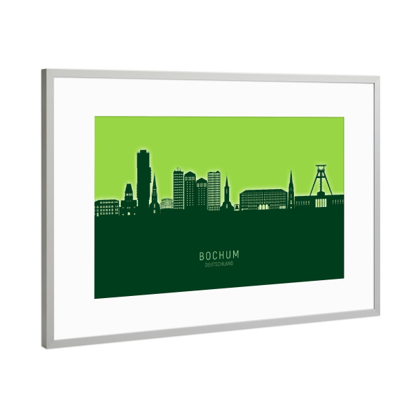 Poster mit Rahmen Silber "Bochum Germany Skyline Glow Green" artboxONE - Städte