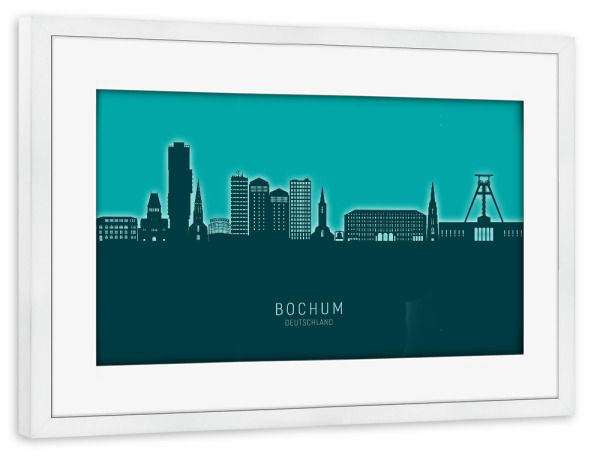 Poster mit Rahmen weiß "Bochum Germany Skyline Glow Teal" artboxONE - Städte