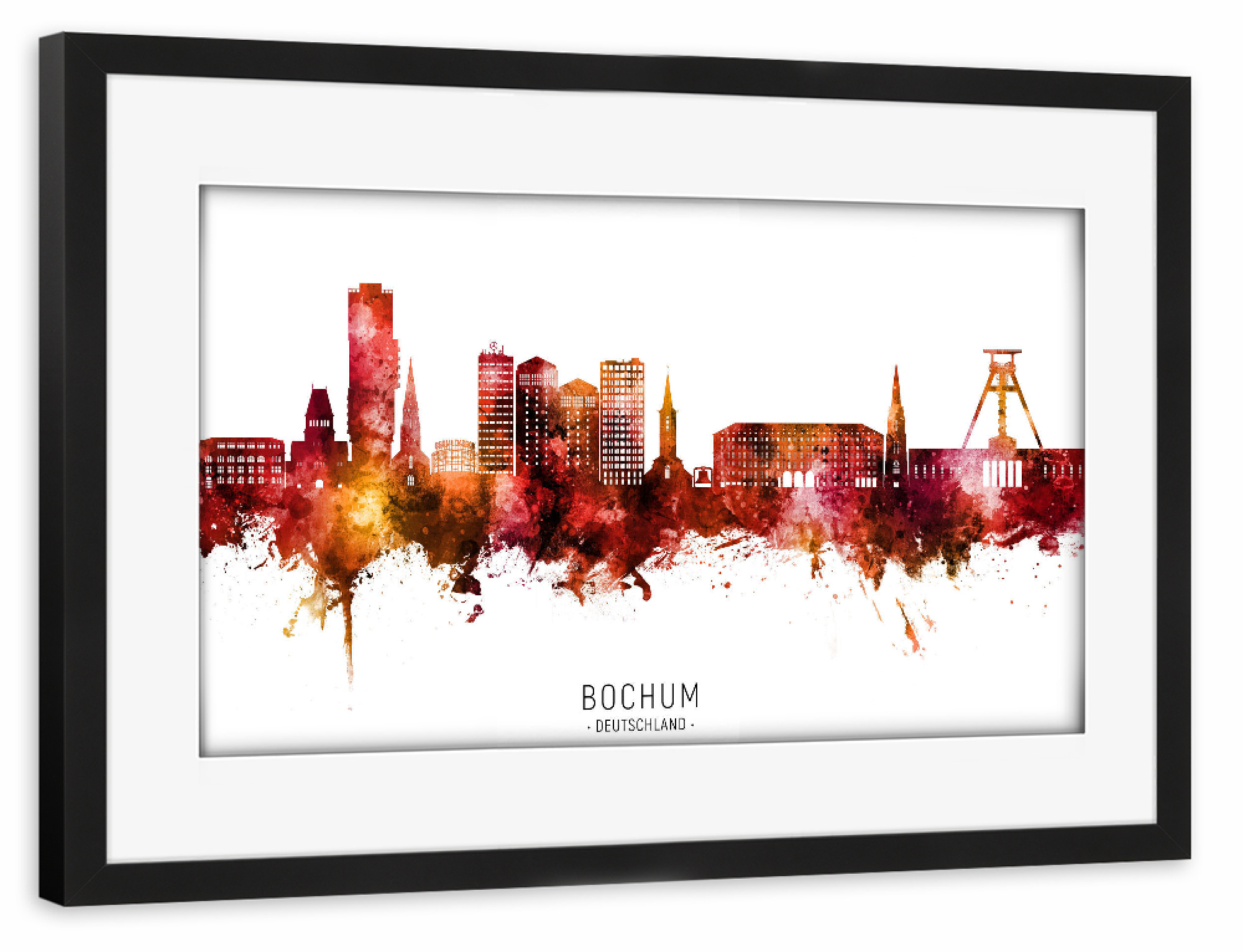 Poster mit Rahmen schwarz "Bochum Germany Skyline Red Name" artboxONE - Städte