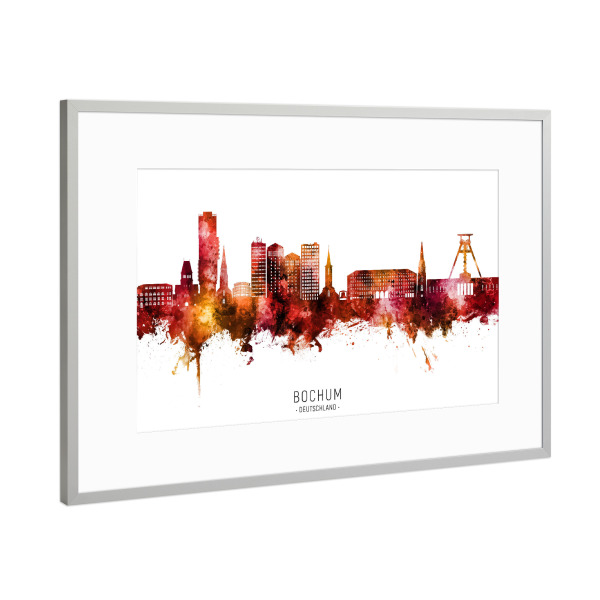 Poster mit Rahmen Silber "Bochum Germany Skyline Red Name" artboxONE - Städte